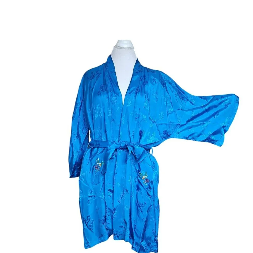 Vintage Chinese Kimono Robe‎ M Satin Blue Embroidered Flowers Bird Bed Jacket